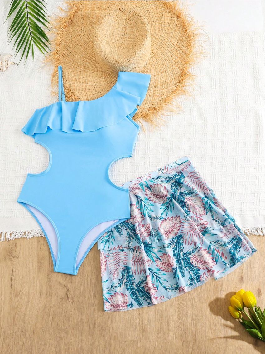 Teen Girl's Asymmetrical Off-Shoulder Swimsuit With Ruffle Trim And Tropical Plant Printed Skirt