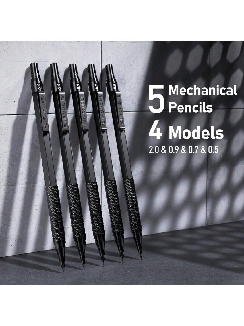 Mechanical Pencil Set Black, 3PCS Metal Lead Pencils 0.5, 0.7, 0.9MM & 2PCS 2MM Art Drafting Pencil Set (4B 2B HB 2H Color) with 420PCS Refills for Writing Sketching Drawing
