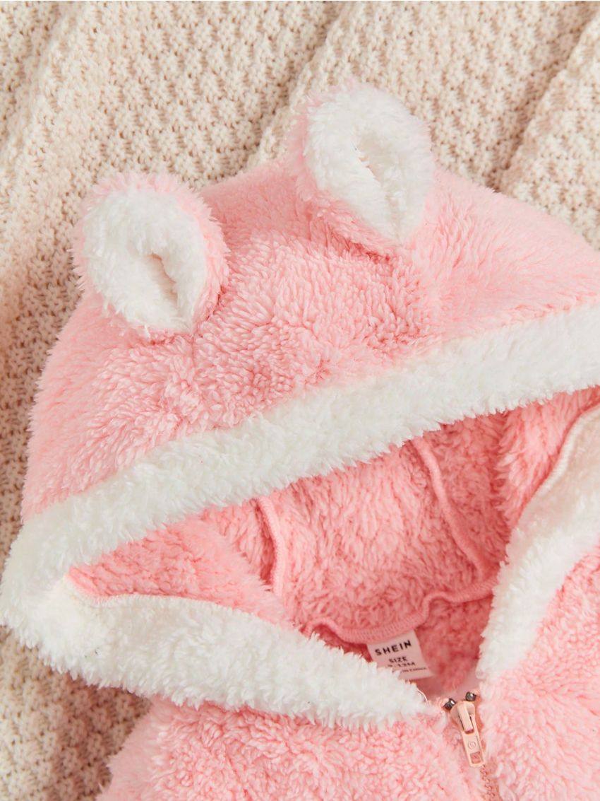 SHEIN Baby Girls' Color Block Hooded Fluffy Jacket With Cute 3d Rabbit Ear Design