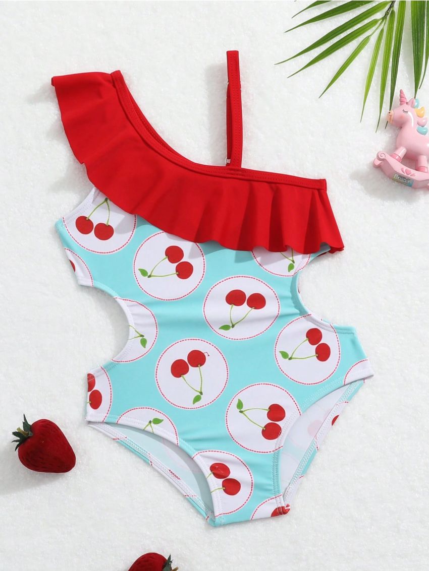 Infant Girls' Cherry Pattern One Piece Swimsuit With Ruffled Hem