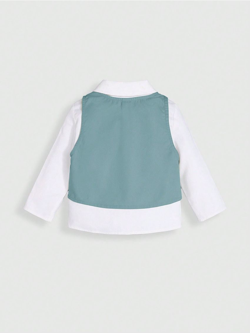 SHEIN Baby Boy Bow Front Shirt & Pants & Hat & Vest Blazer