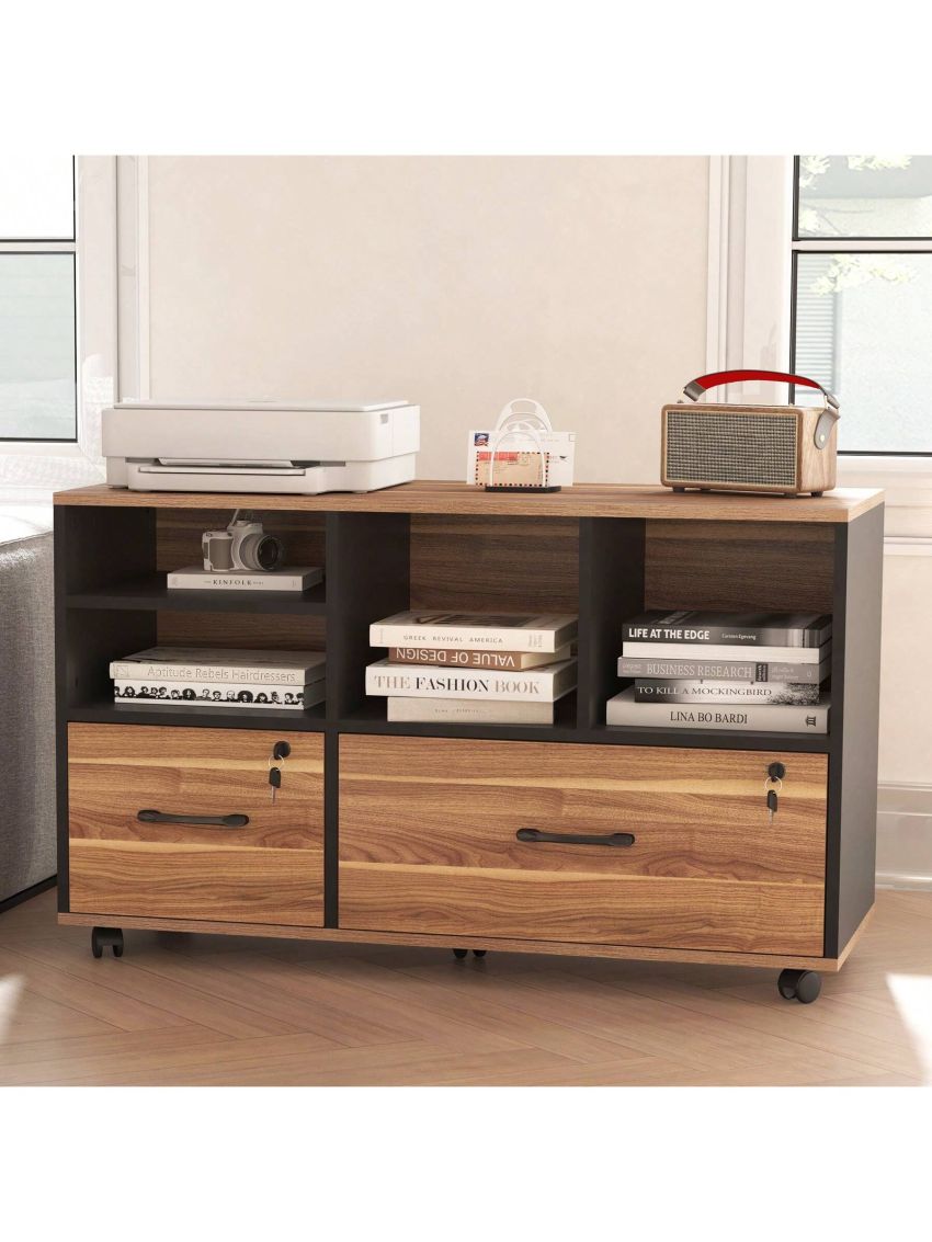 2 Drawer File Cabinets for Home Office, Lockable Lateral Filing Cabinet Printer Stand with Adjustable Shelf & Lockable Wheels, Office Storage Cabinet Fits Files Letter/Legal/F4/A4 Size, Brown