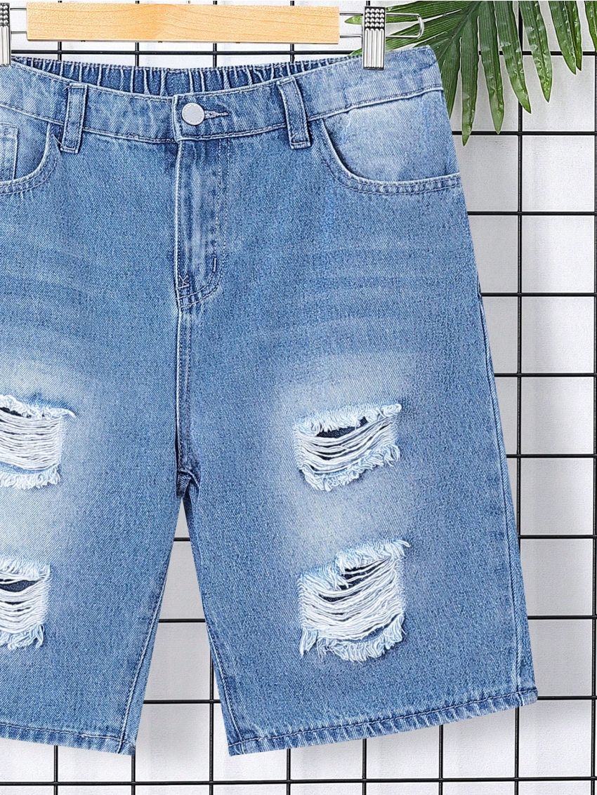 SHEIN Teenage Boys' Irregularly Distressed Straight Fit Denim Shorts Without Elasticity