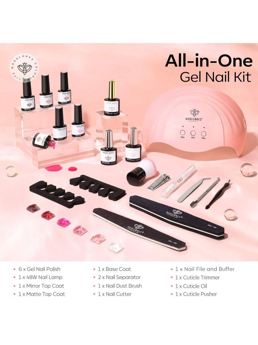 Modelones Jelly Pink Nude Gel Nail Polish Kit With U V Light, 6 Sheer Translucent Soak Off Nail Gel Polish Starter Manicure Kit Base & Top Coat Diy Home Curing Mothers Day Gift