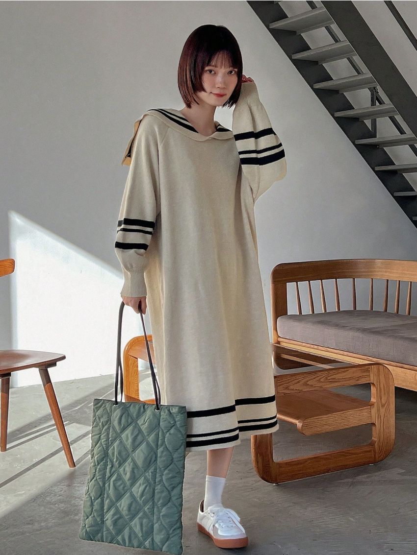 FRIFUL Women's Contrast Trim Crew Neck Sweater Dress