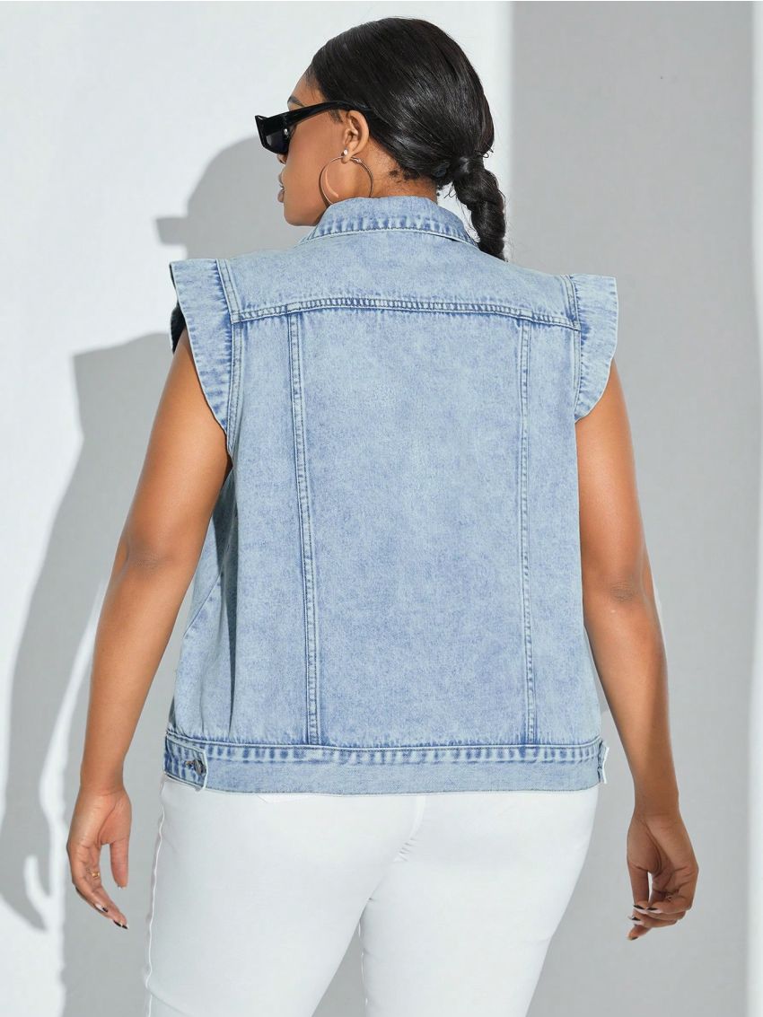 SHEIN Privé Plus Size Denim Jacket With Flap Pockets And Vest Design