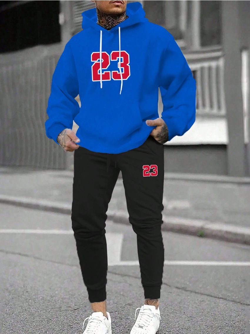 Extended Sizes Men'S Plus Size Drawstring Hoodie And Sweatpants Set With Digital Pattern