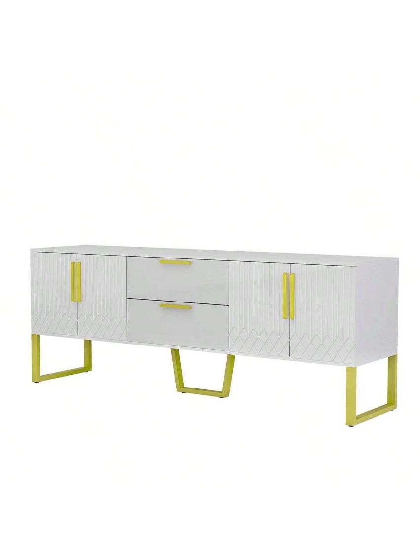 OSQI Modern TV Stand for TVs up to 75 Inches, Storage Cabinet with Drawers and Cabinets, Wood TV Console Table with Metal Legs and Handles for Living Room, White