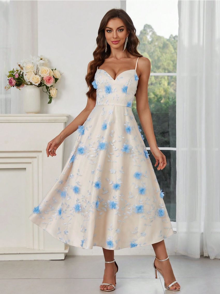 SHEIN Belle 3d Flower Decor Mesh Overlay Spaghetti Strap Party Dress