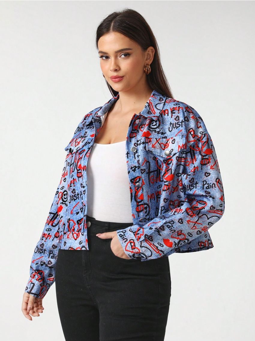 Space University Plus Size Graffiti Printed Drop Shoulder Jacket