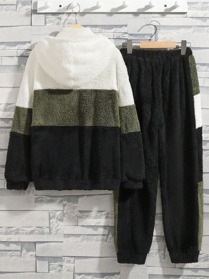 SHEIN Kids EVRYDAY Boys' Casual Hooded Zip-up Plush Jacket And Color Block Pants Outfit Set, Winter