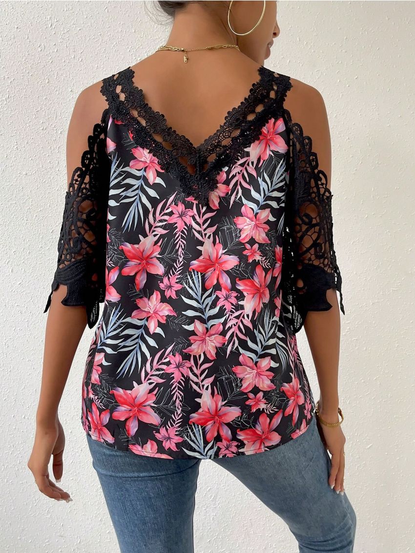 SHEIN VCAY Tropical Print Guipure Lace Panel Cold Shoulder Blouse