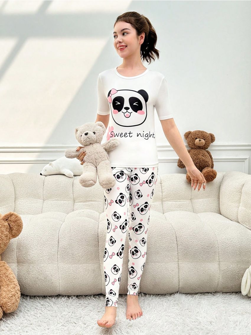 Teen Girls' Cute Panda & Letter Print Tight Homewear Set 2pcs