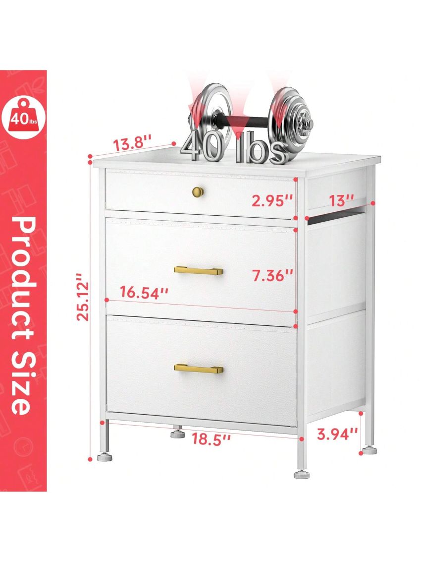 GINRGINR White Nightstand with Different Size Drawer, Bedside Table with 3 Fabric Drawers of Faux Leather, Modern Night Stand End Table for Bedroom, White, 13.8