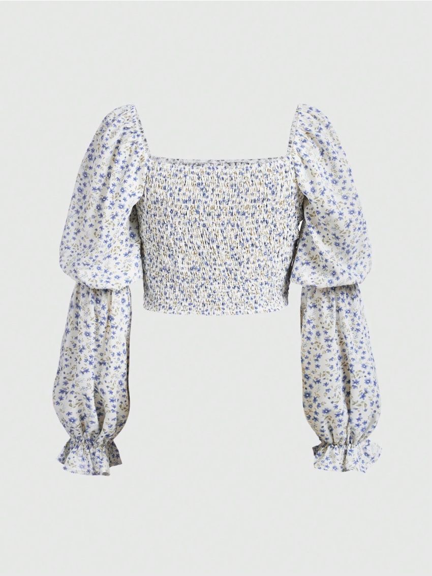 SHEIN Teen Girls' Woven Floral Square Collar Shirred Long Sleeve Blouse