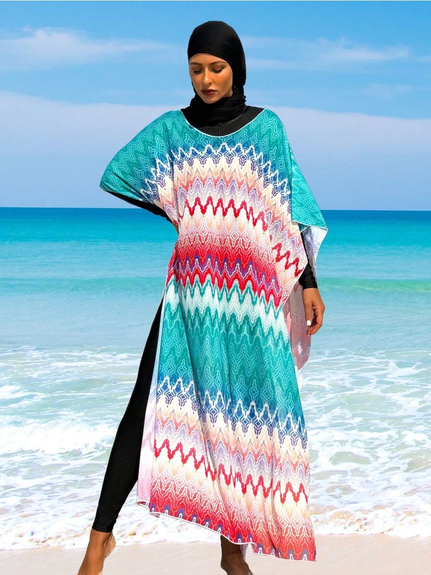 SHEIN Swim Mulvari 3pcs/Set Ladies' Solid Color Bikini With Long Sleeve Wire-Free Top And Pants, And Gradient Waves Pattern Cover-Up