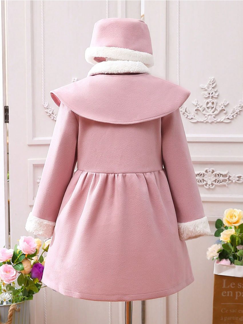 SHEIN Kids EVRYDAY Tween Girl Borg Collar Fold Pleated Overcoat & Hat