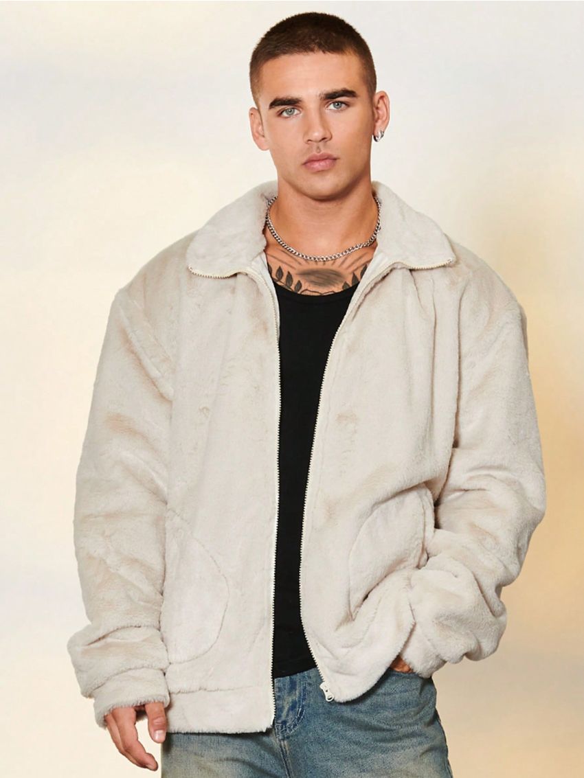 SHEIN Men Slant Pocket Fluffy Jacket