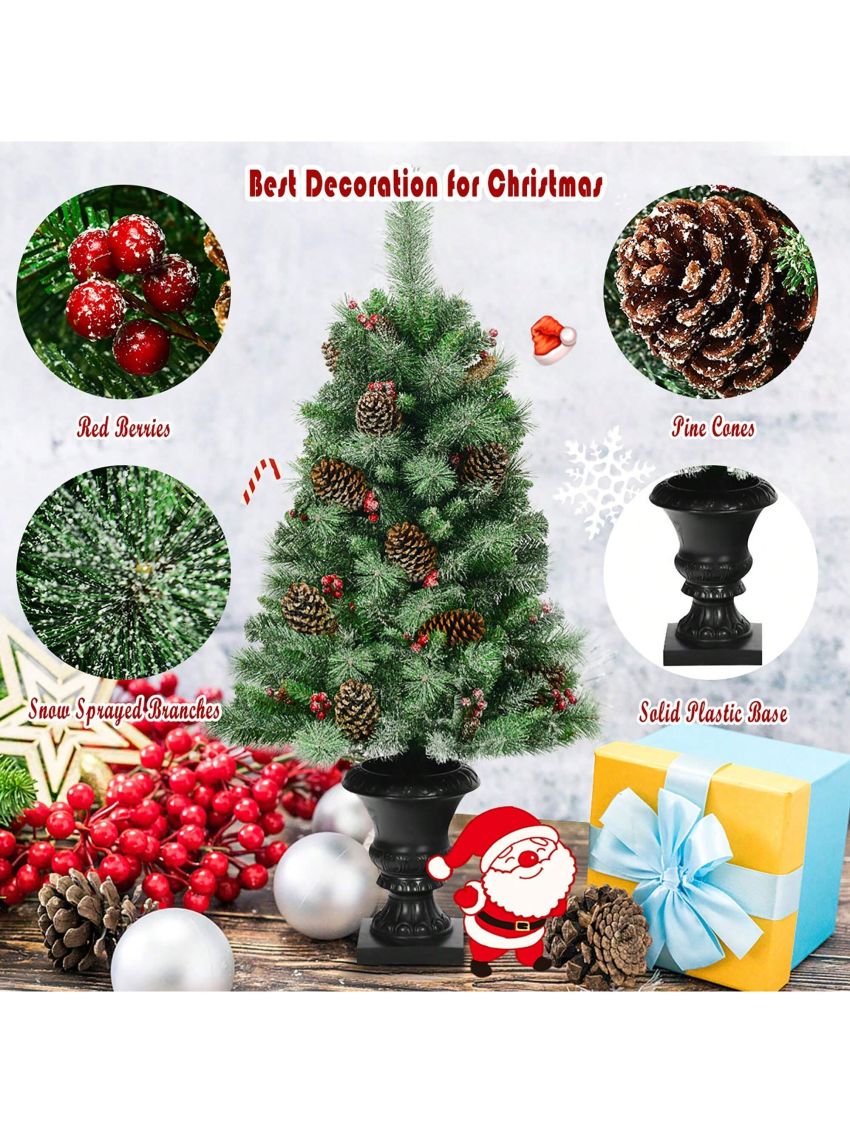 Costway 4 ft Christmas Entrance Tree with Pine Cones Red Berries and Glitter Branches