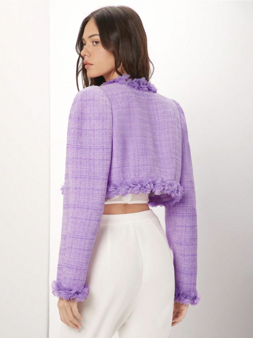 SHEIN ENCHNT Women's 3d Floral Open Front Woolen Coat With Mesh Net Fabric