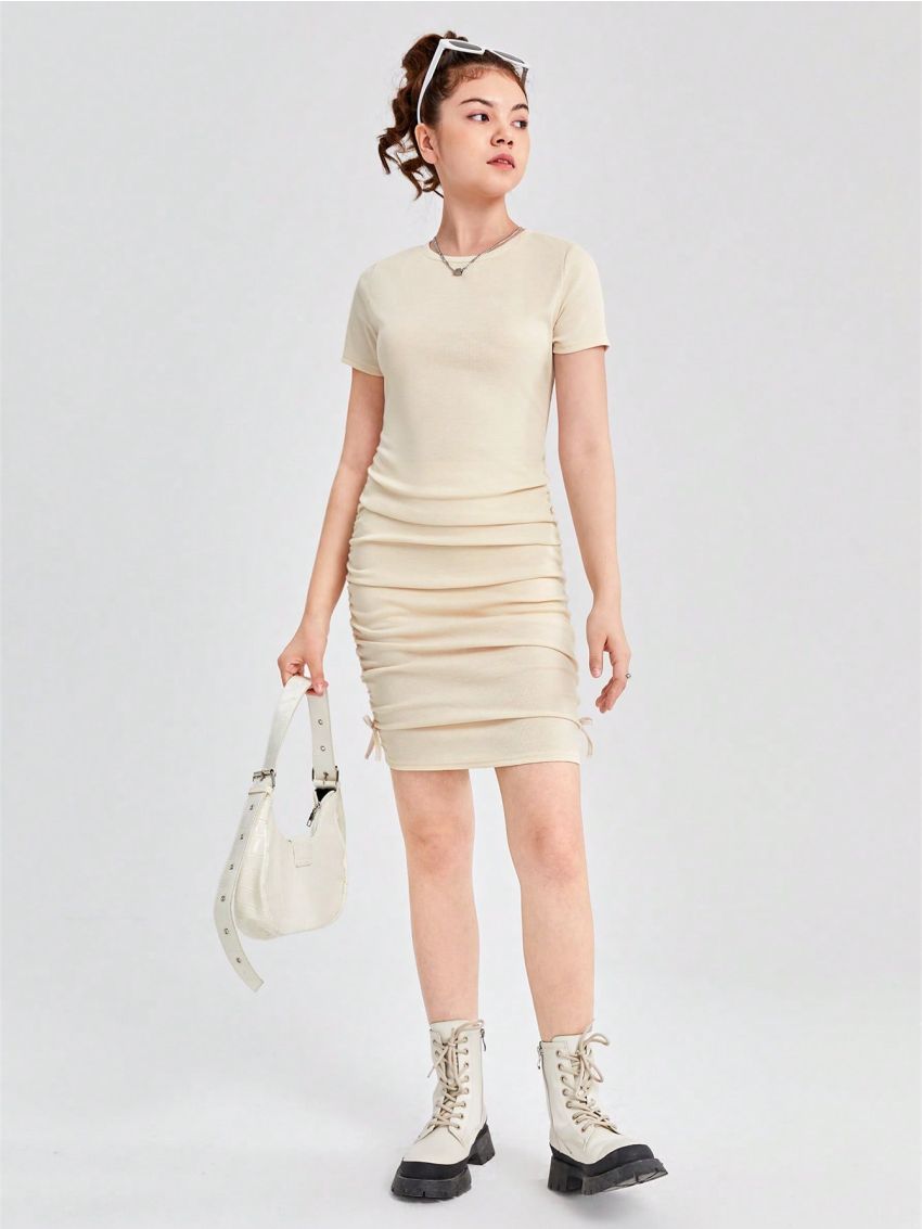 SHEIN Teen Girls' Slim Fit Knit Ribbed Ruched Dress With Round Neckline