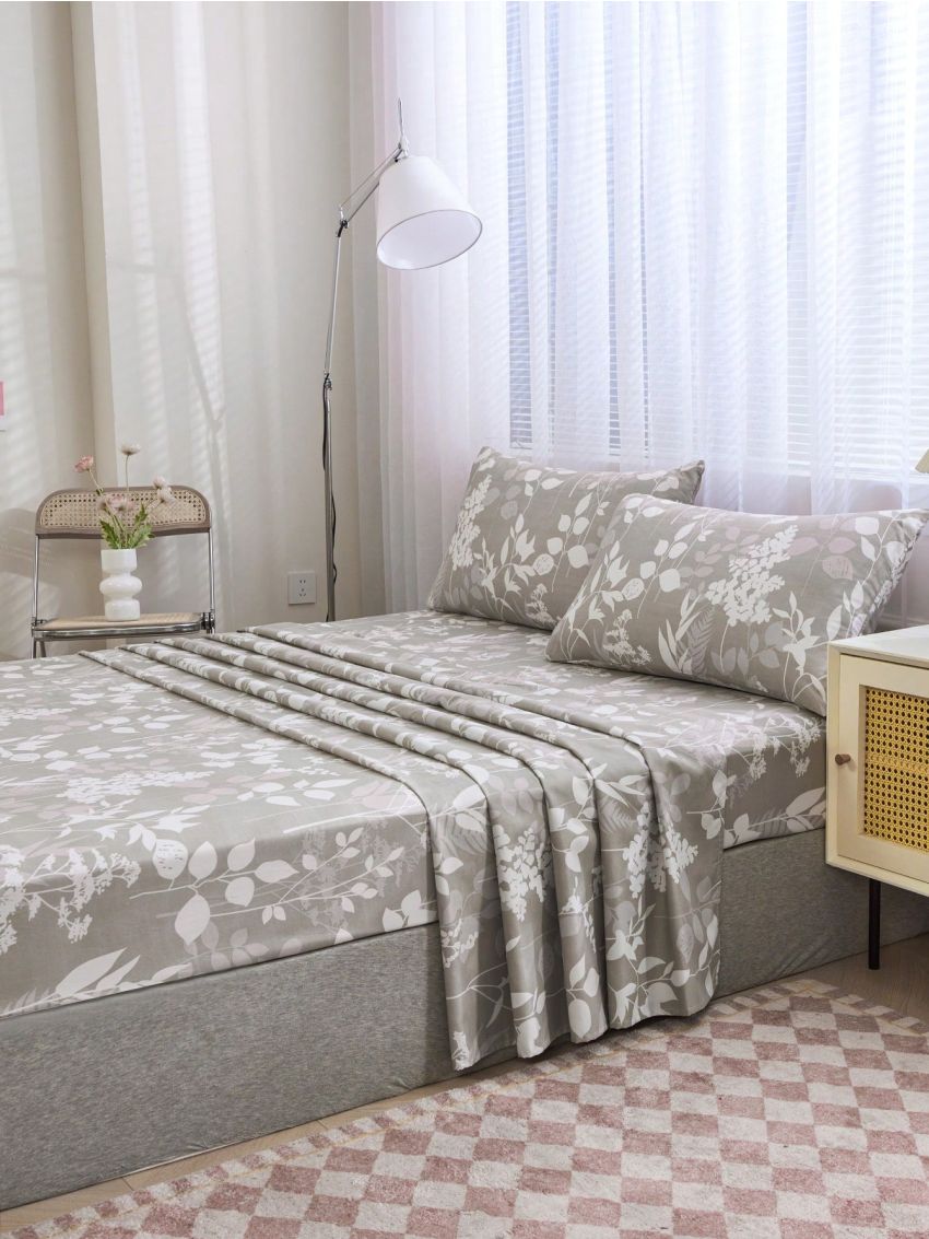 Polyester Grey Botanical Floral Pattern Bedding Set, 4pcs