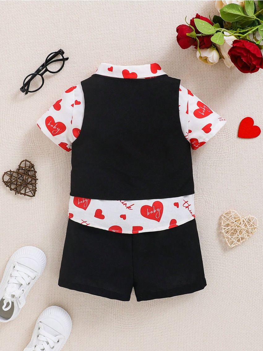 SHEIN Baby Boys' Gentleman Outfits, Heart Pattern Casual Shirt, Solid Color Vest, Shorts, 3pcs/set