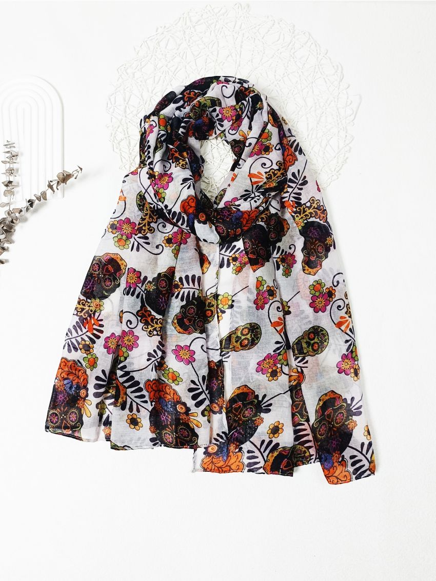 1 Halloween Gift Retro Style Skull Flower Print Voile Scarf That Can Be Used As A Headscarf