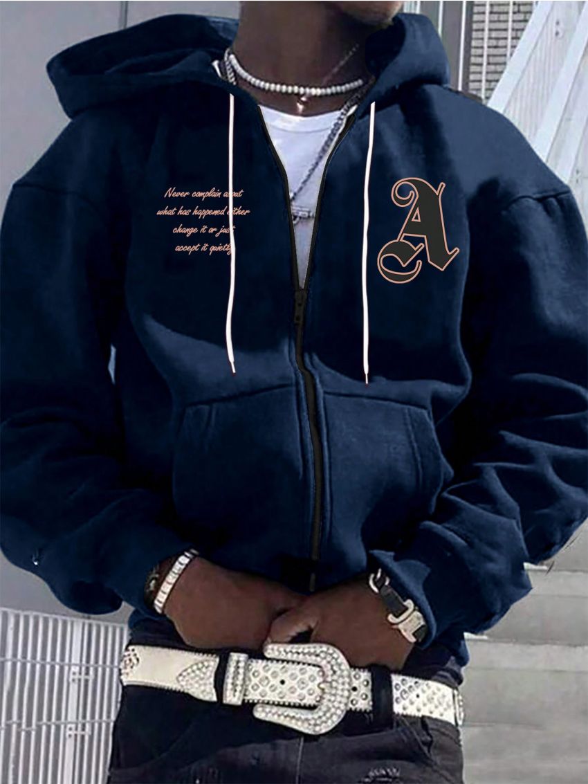 Manfinity Hypemode Loose Fit Men's Hooded Sweatshirt With Slogan Print, Kangaroo Pocket, And Zipper