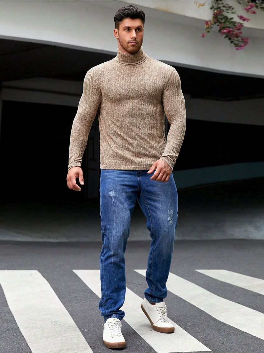 SHEIN Men High Neck Ribbed Knit Tee