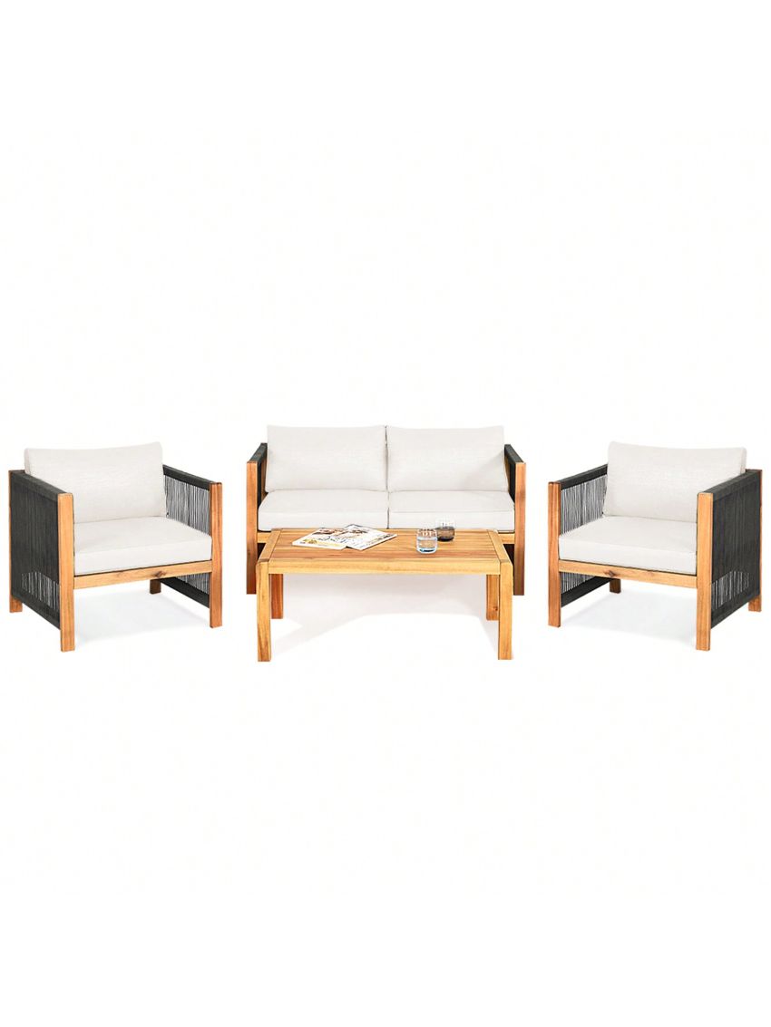 Gymax 4PCS Acacia Wood Outdoor Patio Furniture Conversation Set W/ White Cushions