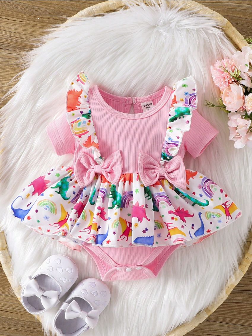 Baby Girls' Fashionable And Cute Short Sleeve Romper With Ruffle Trim, Bowknot And Dinosaur Print, A-Line Skirt, Casual And Simple. Spring, Summer Season.