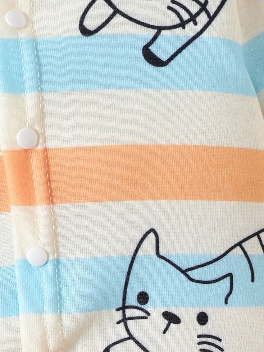 Baby Boy Striped & Cartoon Graphic Button Front Jumpsuit & Hat PJ Set
