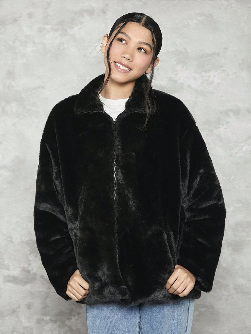 Teen Girl Letter Embroidery Drop Shoulder Teddy Coat