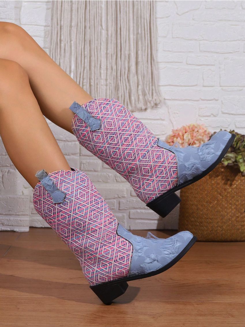 Women's Bohemian Style Diamond Checkered Stitching V-cut Chunky Heel Mid-calf Boots For Spring And Autumn