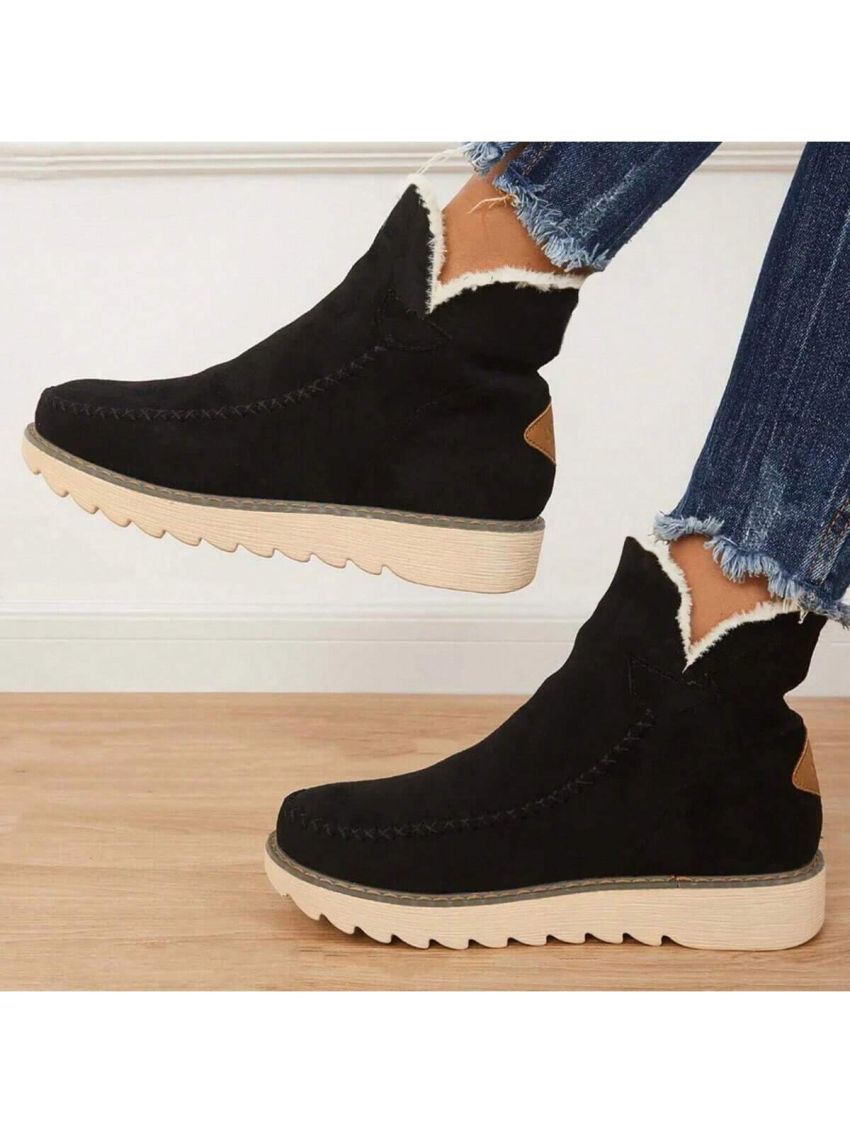 Women's Warm Lined Solid Color Flat Ankle Boots With Thick Soles For Winter