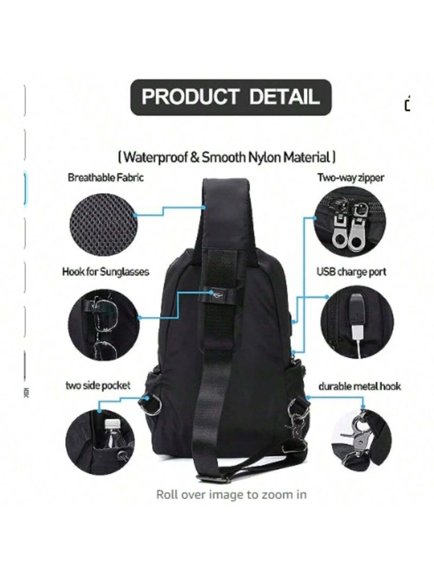 Small Black Sling Crossbody Backpack Shoulder Bag for Men Women, Lightweight One Strap Backpack Sling Bag Backpack for Hiking Walking Biking Travel Cycling USB Charger Port-Nylon