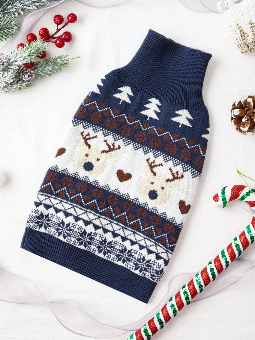 PETSIN Christmas Reindeer & Fair Isle Pattern Blue & White Pet Sweater