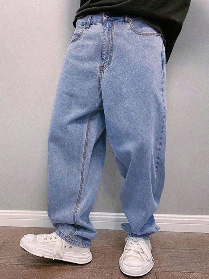 Men's Loose Fit Solid Color Denim Jeans With Slanted Pockets