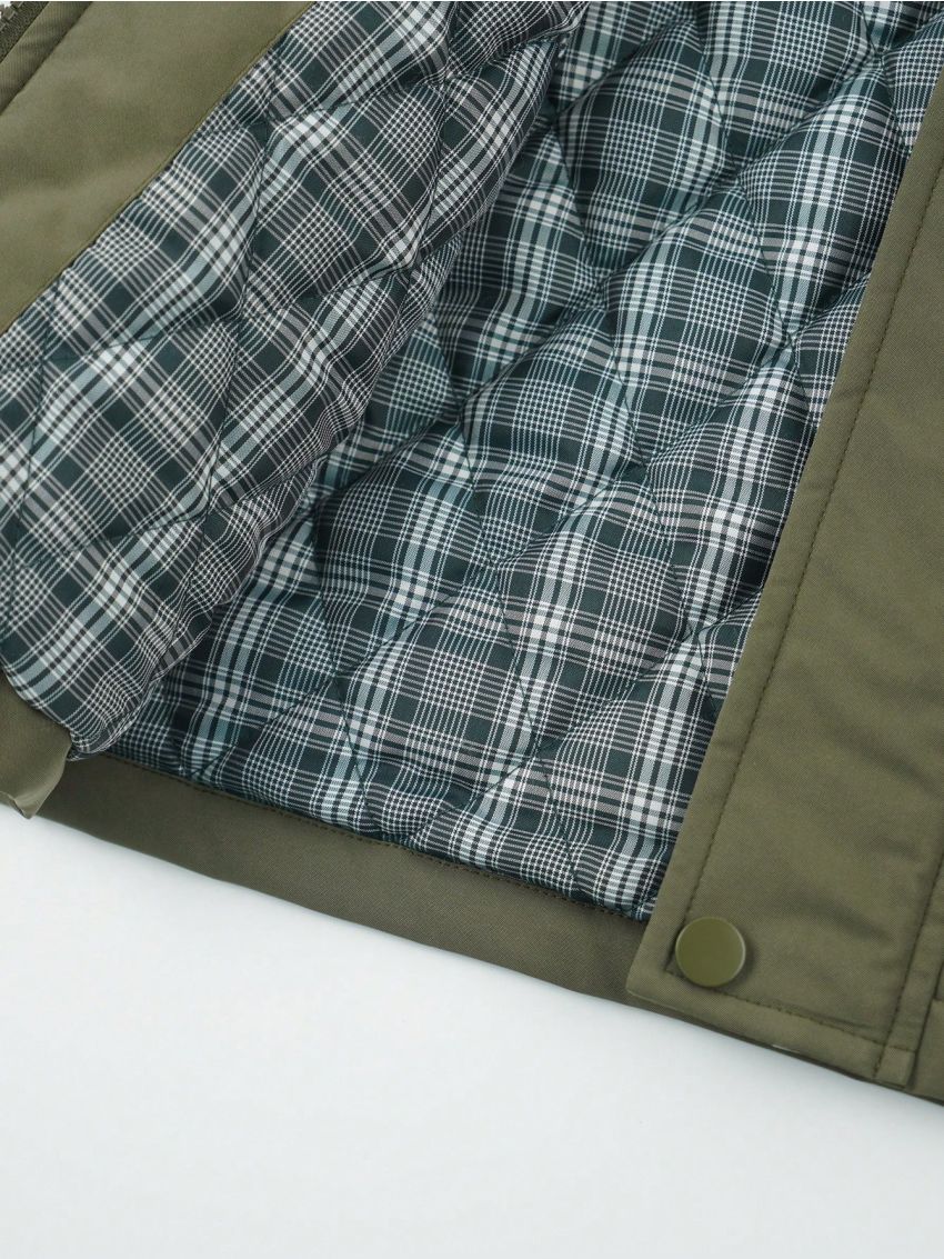 Boys' Color Block Warm Padded Coat With Side Pockets For Casual Wear, Autumn And Winter