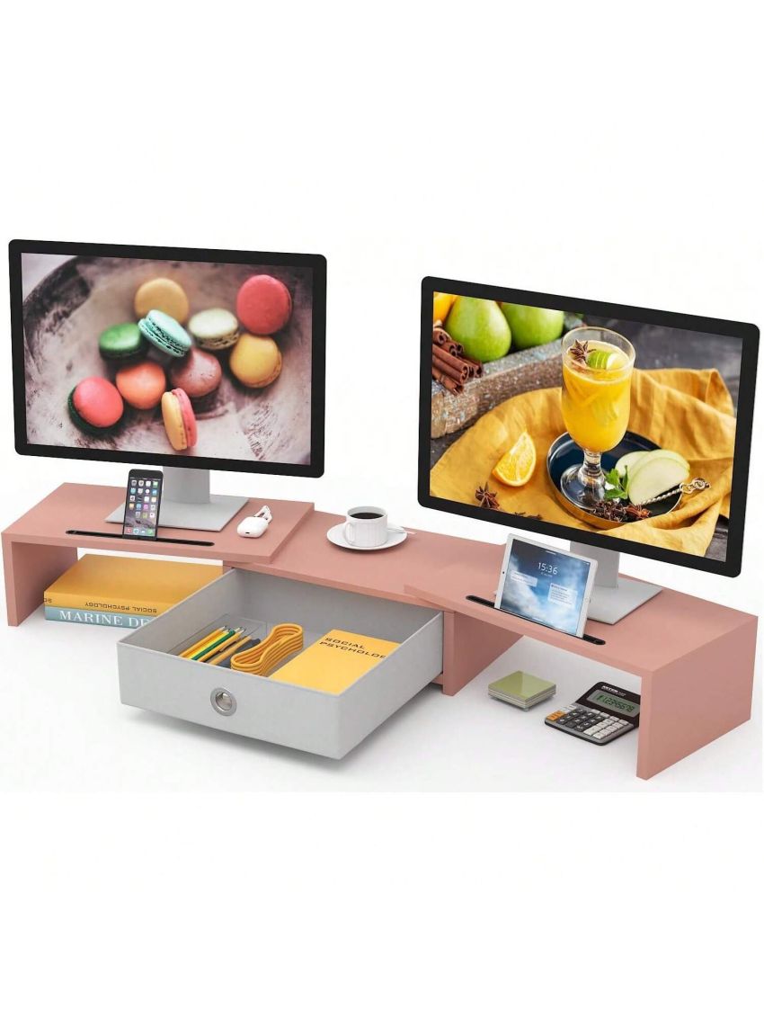 Dual Monitor Stand Riser with Drawer, Adjustable Length and Angle Monitor 2 Solts for Phone & Tablet, Desktop Organizer Stand for Computer/Laptop/PC/Printer