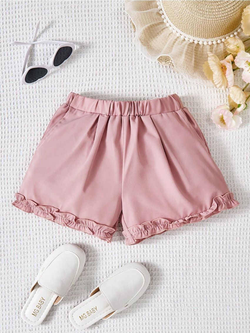 SHEIN Kids QTFun Girls' Color Ear-Cut Casual Shorts With Slant Pockets