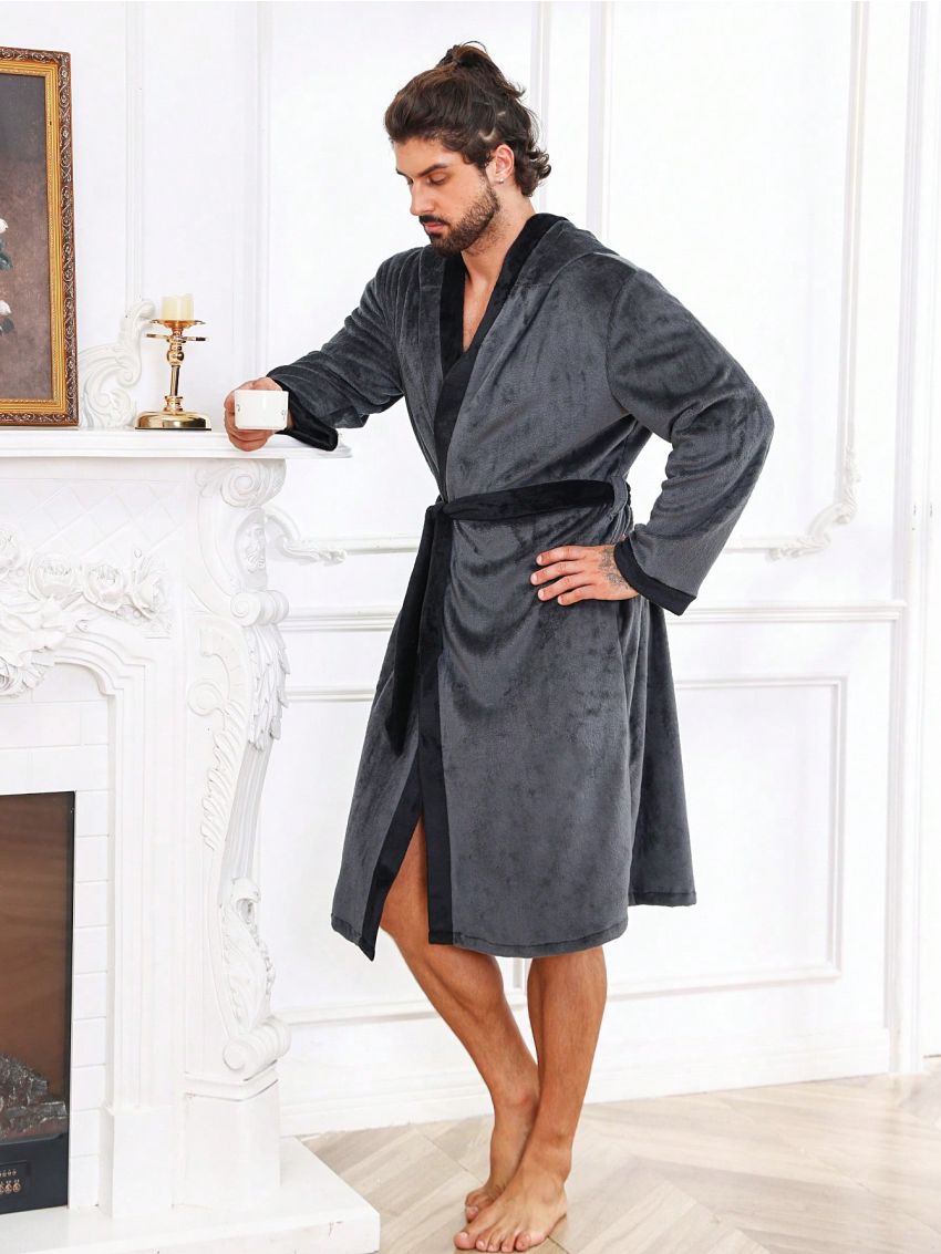 Men Contrast Trim Belted Sleep Robe