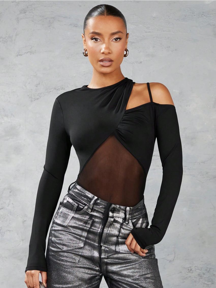 SHEIN BAE Women's Irregular Shoulder Cutout Mesh Splice Bodysuit, Slim Fit