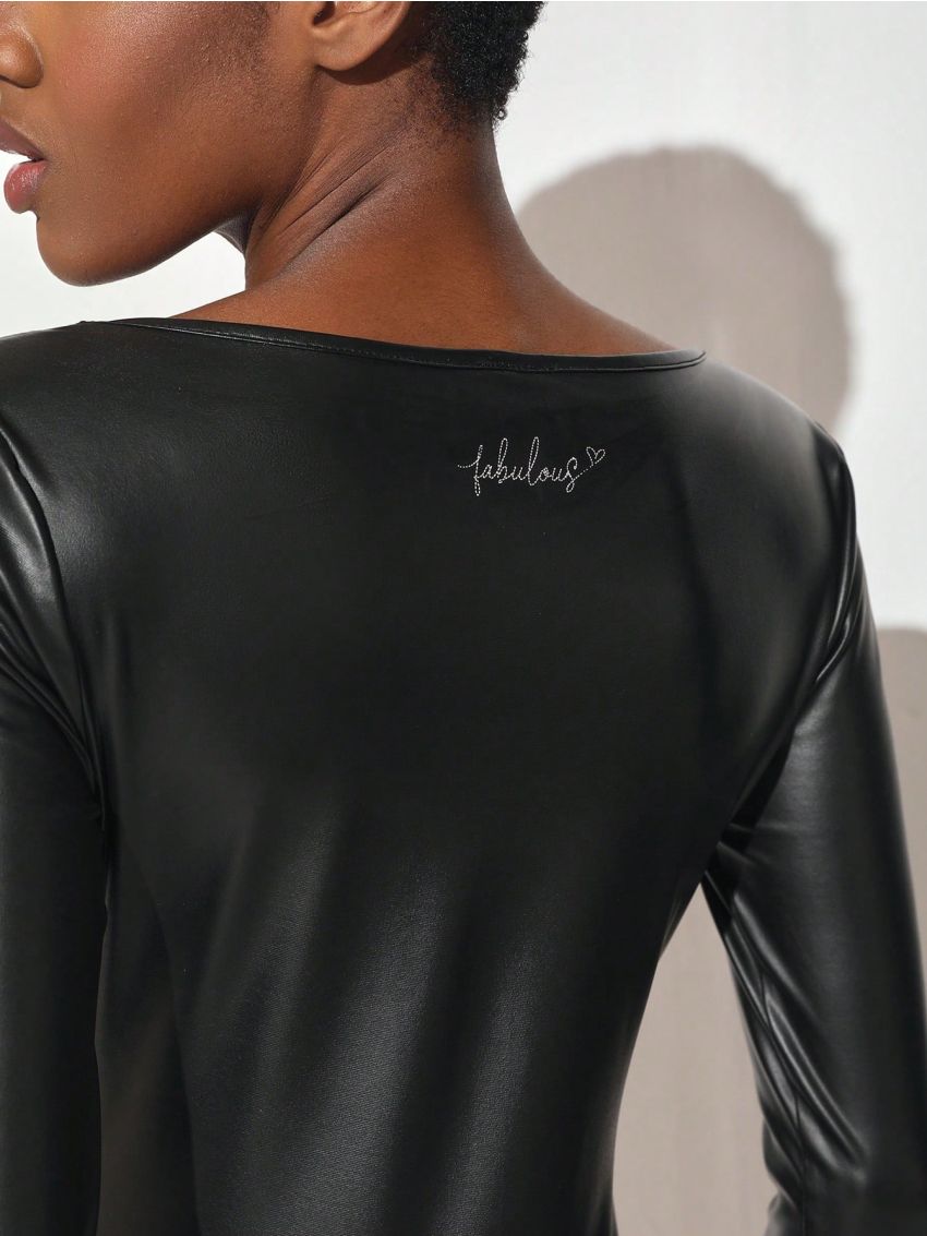 Janis Chow Women'S Long Sleeve Pu Leather Bodysuit Jumpsuit