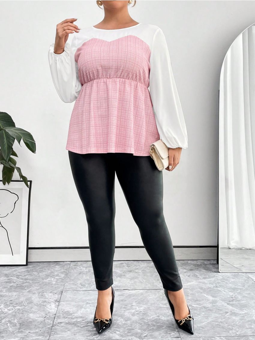 SHEIN Privé Plus Size Color Block Plaid Patchwork Lantern Sleeve Shirt