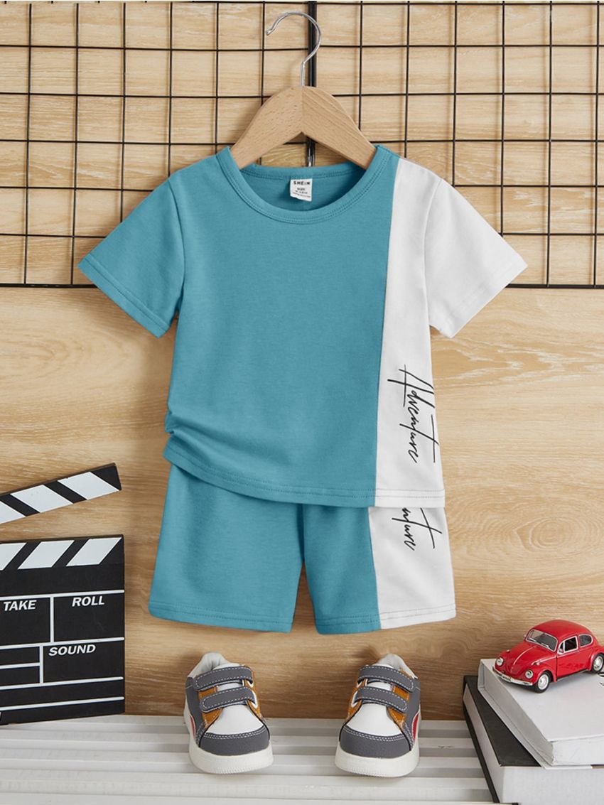 SHEIN Baby Boy Letter Graphic Two Tone Tee & Shorts