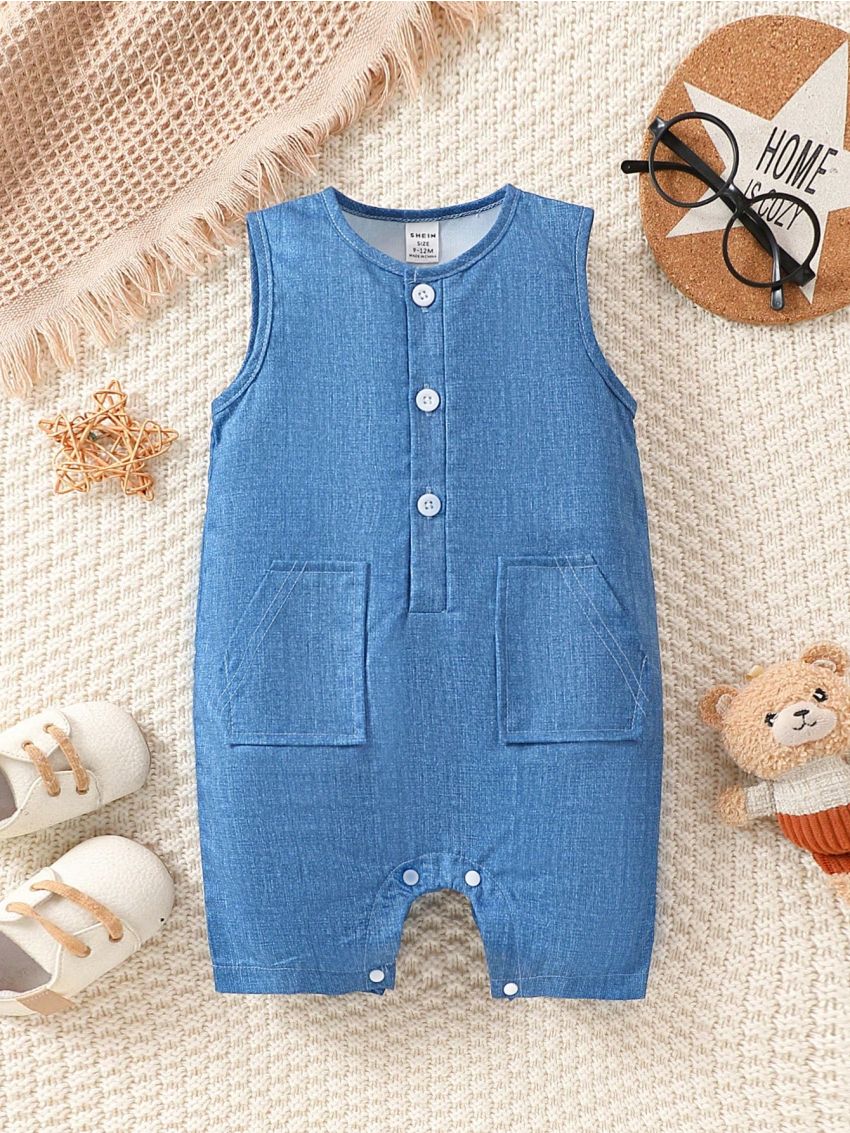 Baby Boys' Woven Denim-look Printed Half Button Ruffle Romper, Casual And Fashionable