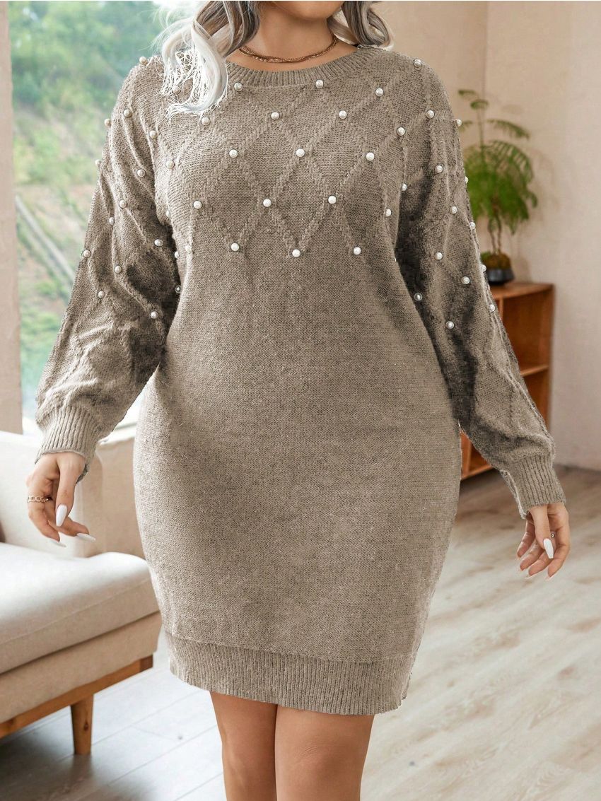 SHEIN Privé Plus Size Pearl Stud Embellished Knit Sweater Dress (belt Not Included)