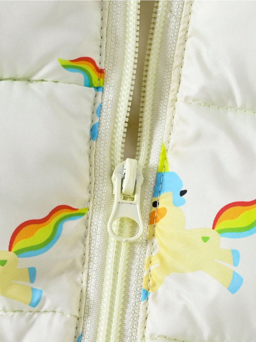 Baby Girl Rainbow & Unicorn Print 3D Ear Design Hooded Puffer Coat